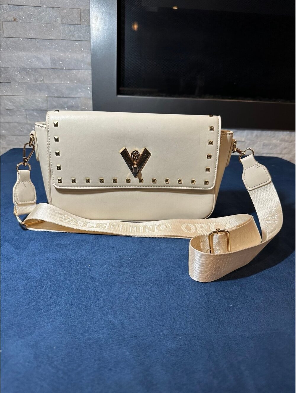 Valentino Orlandi Ivory Crossbody Bag Gold Studded Logo Wide Strap